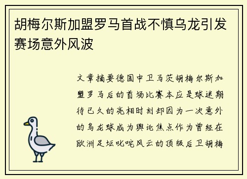 胡梅尔斯加盟罗马首战不慎乌龙引发赛场意外风波